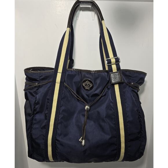 OROBIANCO Nylon Tote Bag Navy w/ Navy/beige webbing & Leather Trim Lg Made Italy - Picture 1 of 16